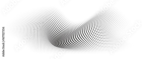 Flowing Wave Dot Halftone Pattern: Curve Gradient Shape on Transparent Background. Suitable for AI, Tech, Network, Digital, Science, and Technology Themes.