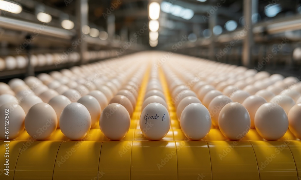Fototapeta premium Rows of fresh grade a white eggs on a yellow conveyor belt in a modern egg farm production