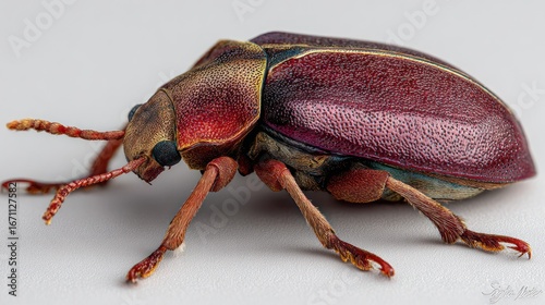 Beetle with red elytra, tan legs, and iridescent gold on head over pale background