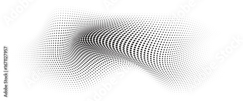 Flowing Wave Dot Halftone Pattern: Curve Gradient Shape on Transparent Background. Suitable for AI, Tech, Network, Digital, Science, and Technology Themes.