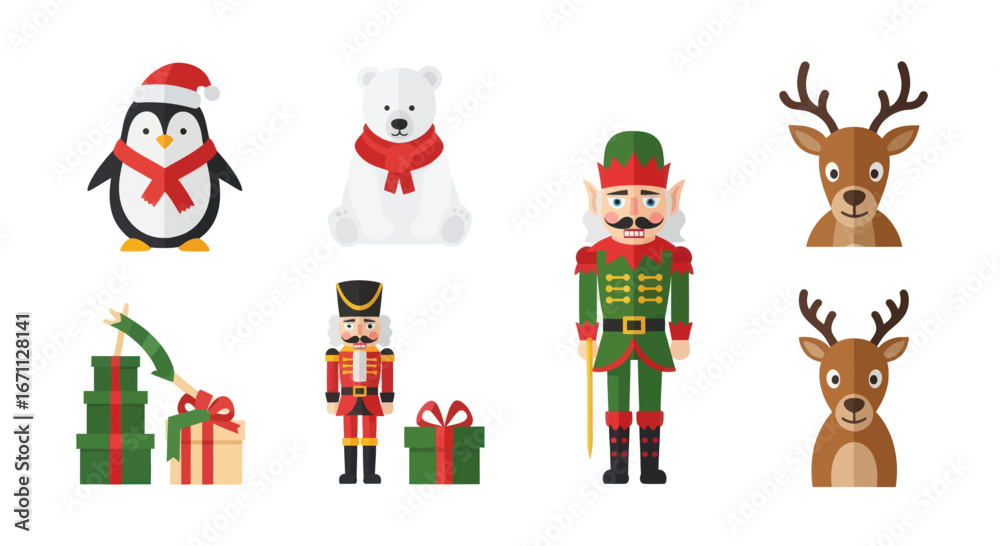 Fototapeta premium Festive Holiday Vector Illustration with Penguin, Polar Bear, Nutcrackers and Reindeer