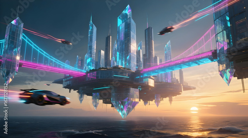Futuristic City Built with Glowing Crystals