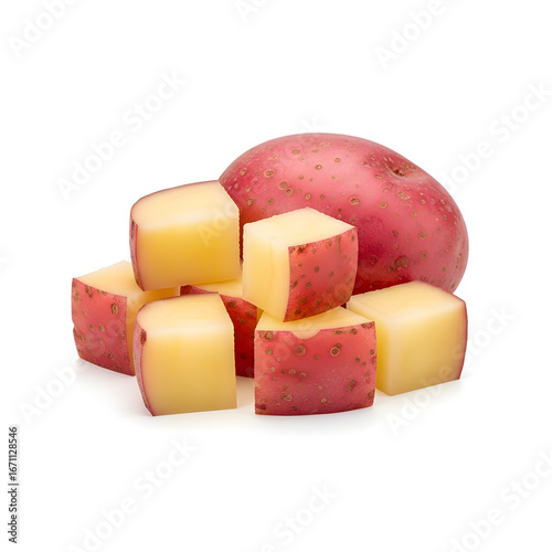A whole raw red potato with a pile of diced cubes with skin on, isolated on a white background.