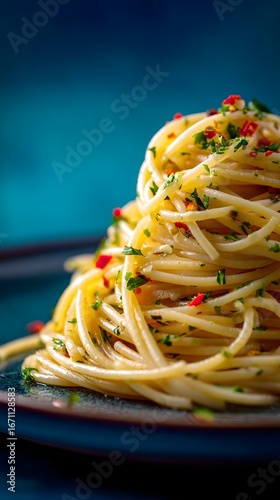 Spaghetti Aglio e Olio on a Dark Plate with Pink Background