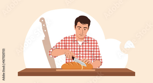 Person Slicing Bread With Knife Preparing Food On Wooden Surface, Indoor Activity