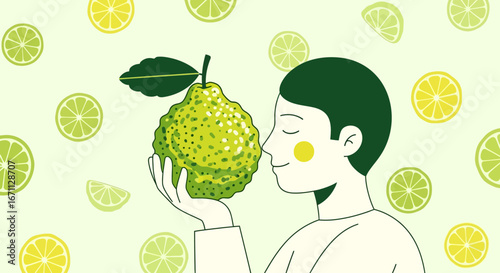 Person Smelling Exquisite Citrus Fruit, Surrounded by Zesty Lime and Lemon Design