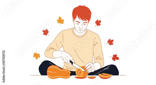 Person Slicing Pumpkin With Autumnal Leaves Floating In the Air on White Background