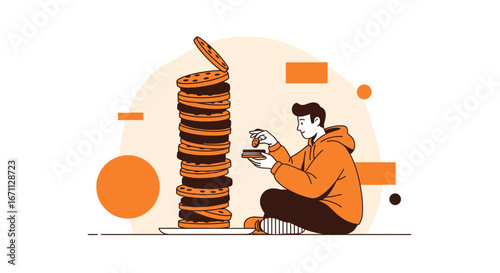 Person Stacking Pizza Slices Illustration Depicting Food Preparation and Meal Presentation