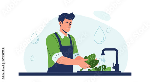 Person Washing Freshly Harvested Spinach in a Sink Under Running Water With Detail