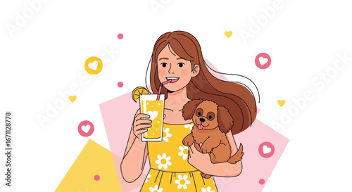 Joyful Woman And Adorable Puppy Enjoying Refreshing Drink In A Cheerful Setting