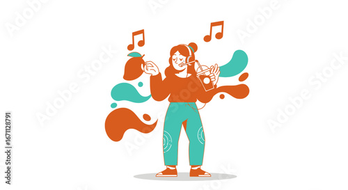 Joyful Woman Enjoying Music And Fresh Drink, Stylized Illustration With Mango Elements