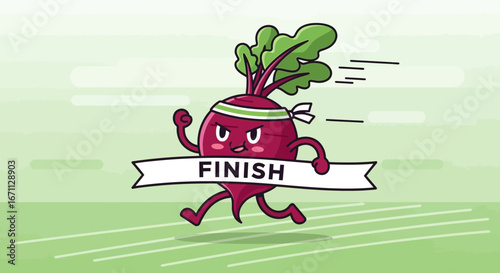 Plant Character Celebrates Victory at The Finish Line with Energetic Determination