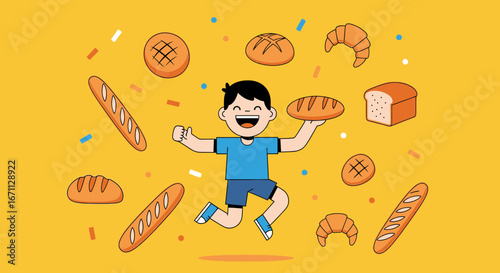 Joyful Young Individual Celebrating Bread and Baked Goods Against a Bright Yellow Backdrop