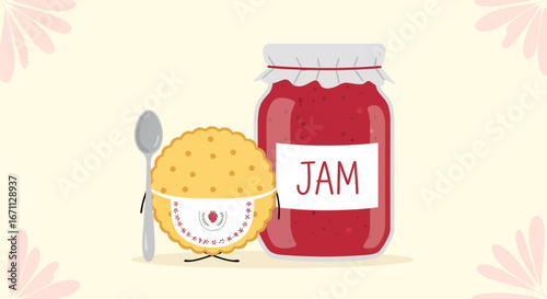 Playful Cartoon Food Still Life Featuring Biscuit, Spoon, And Jar With Jam Contents.