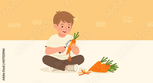 Joyful Youngster Carefully Peeling Carrot, Preparing Fresh Vegetables, Colorful Illustration