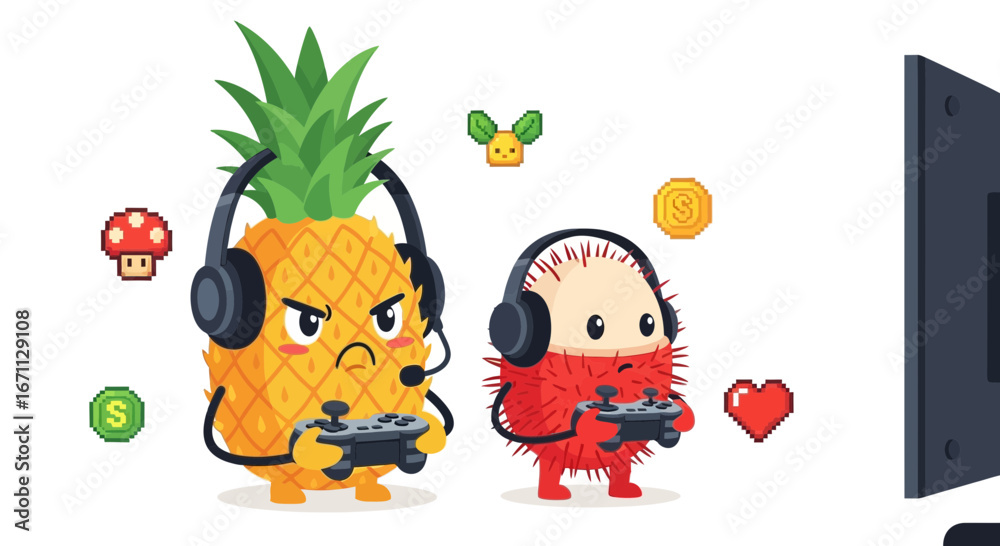 Fototapeta premium Playful Pineapple And Rambutan Characters Enjoying Gaming Together In A Cartoon Illustration