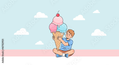 Joyful Youngster With Enormous Ice Cream Cone Against Airy Pastel Sky