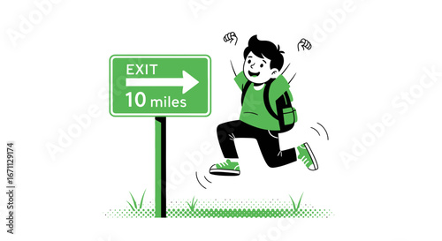 Joyful Youth Traveler Excitedly Jumps Towards Exit Sign Showing Navigation Direction