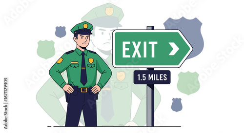 Police Officer Beside Exit Sign Illustration Depicting Direction And Law Enforcement