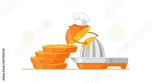 Juicy Orange Chef Cartoon Preparing Fresh Citrus Juice With The Orange Slices