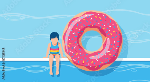 Poolside Serenity: A Child And Donut Float Embrace Summer Blissful Days