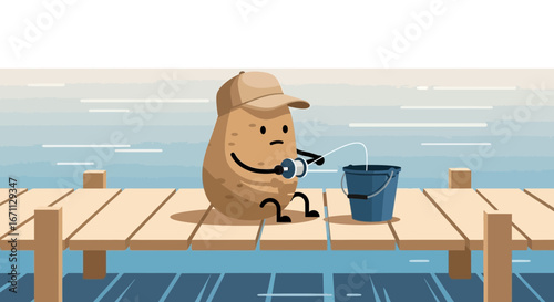 Potato Angler: Whimsical Illustration Of a Spud Enjoying Recreational Pier Fishing