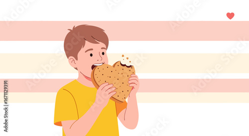 Kid Enjoying Heart Shaped Cookie Against Delicate Background, Filled With Sweetness