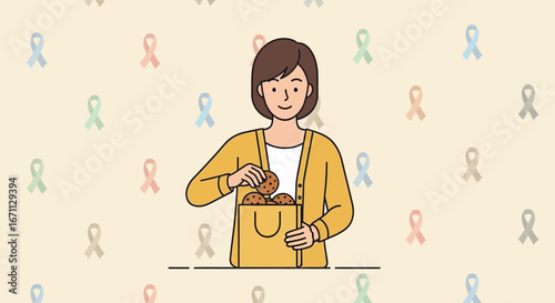 Kind Woman Putting Delicious Cookies Into Bag With Supportive Ribbons Background