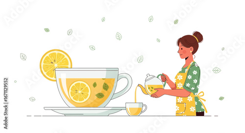 Lady Prepares Lemon Infused Tea, Relaxing Moment With Hot Beverage Illustration