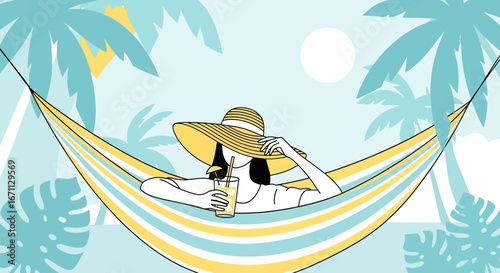 Lady Relaxing In A Hammock Enjoying A Tropical Drink Under The Sun