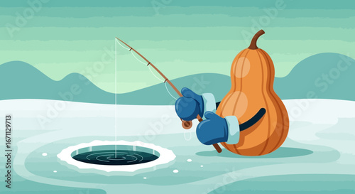 Pumpkin Angler Enjoying Winter Ice Fishing In A Frozen Lake Under a Cloudy Sky