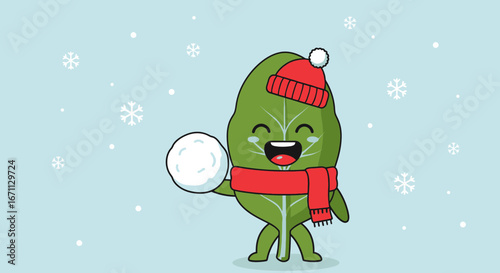 Leaf Character Enjoying Winter, Ready For Snowball Fight, Cute Animated Illustration