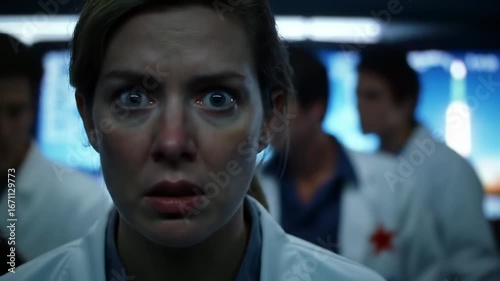 Female scientist with a shocked expression in a control room during a critical space mission.