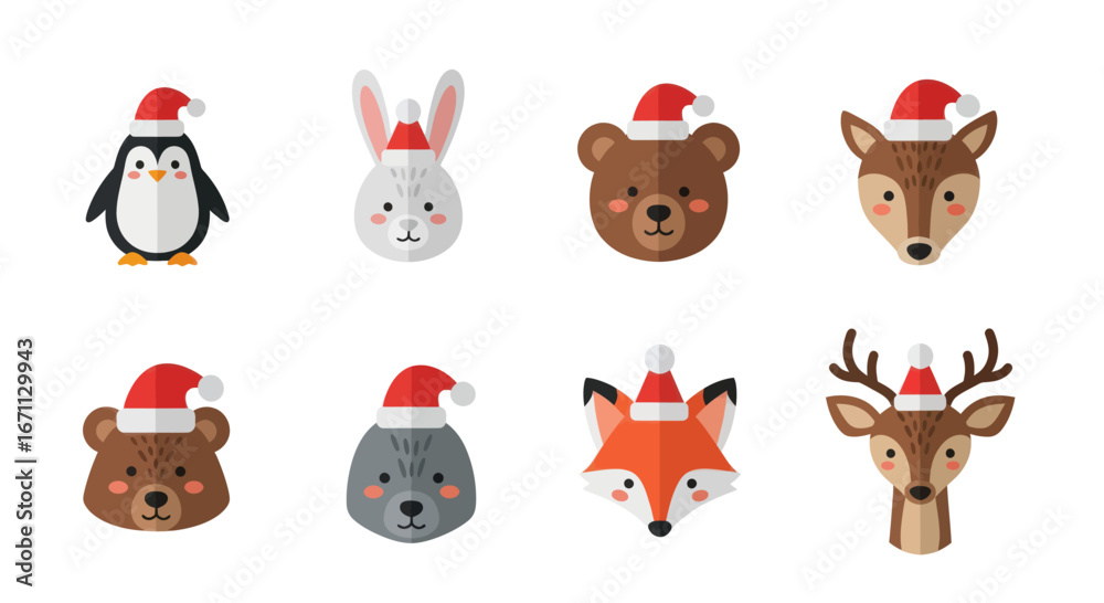 Obraz premium Festive animals illustration adorned with red santa hats for christmas season