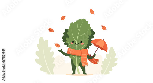 Leafy Character Embraces Autumnal Charm: Cute Leaf with Umbrella Amidst Falling Leaves