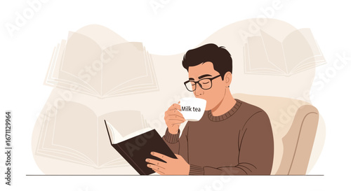 Quiet Moment: Person Savoring Milk Tea While Immersed in a Book in a Cozy Setting