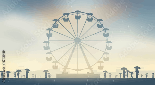 Rainy Amusement Park Scene Featuring a Ferris Wheel and People with Umbrellas Walking