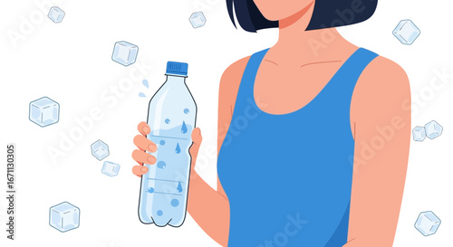 Refreshing Beverage: Woman Holds Chilled Water Bottle with Ice Cubes in Cool Vector