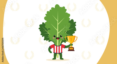 Leafy Green Champion: Adorable Kale Character Celebrating Victory with a Trophy