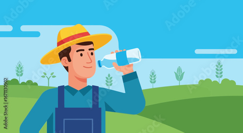 Refreshing Farmer Drinking Water in a Field Under a Bright Sky For Hydration and Well-being