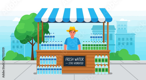 Refreshing Fresh Water Stand Illustration Featuring The Kind Vendor And City Background