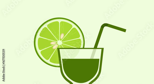 Refreshing Lime Juice Drink With Straw, Minimalist Design, And Vibrant Green Tones