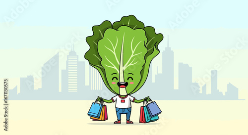 Lettuce Character Shopping In The City With Colorful Bags, A Delightful Design