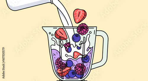 Refreshing Fruit Smoothie Creation In Blender Containing Berries And Splash Of Milk