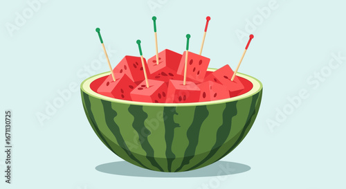 Refreshing Watermelon Cubes With Decorative Skewers In A Decorative Watermelon Bowl Vector