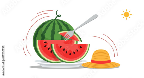 Refreshing Watermelon Slices Served With a Straw Hat, Perfect Summer Treat Illustration
