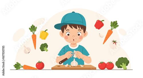 Little Chef Peeling Garlic While Surrounded By Fresh Vegetables, Healthy Cooking Illustration