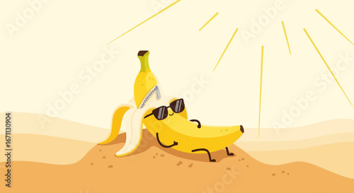 Relaxed Banana Sunbathing On Sandy Beach With Sunglasses Under Bright Sunrays