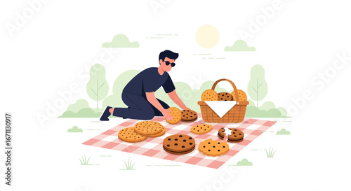 Man Arranging Cookies on a Picnic Blanket Ready to Enjoy the Sweetness of Dessert