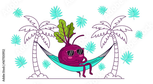 Relaxed Beetroot Enjoying Summer Vacation in Hammock Between Palm trees, Dreaming of Paradise